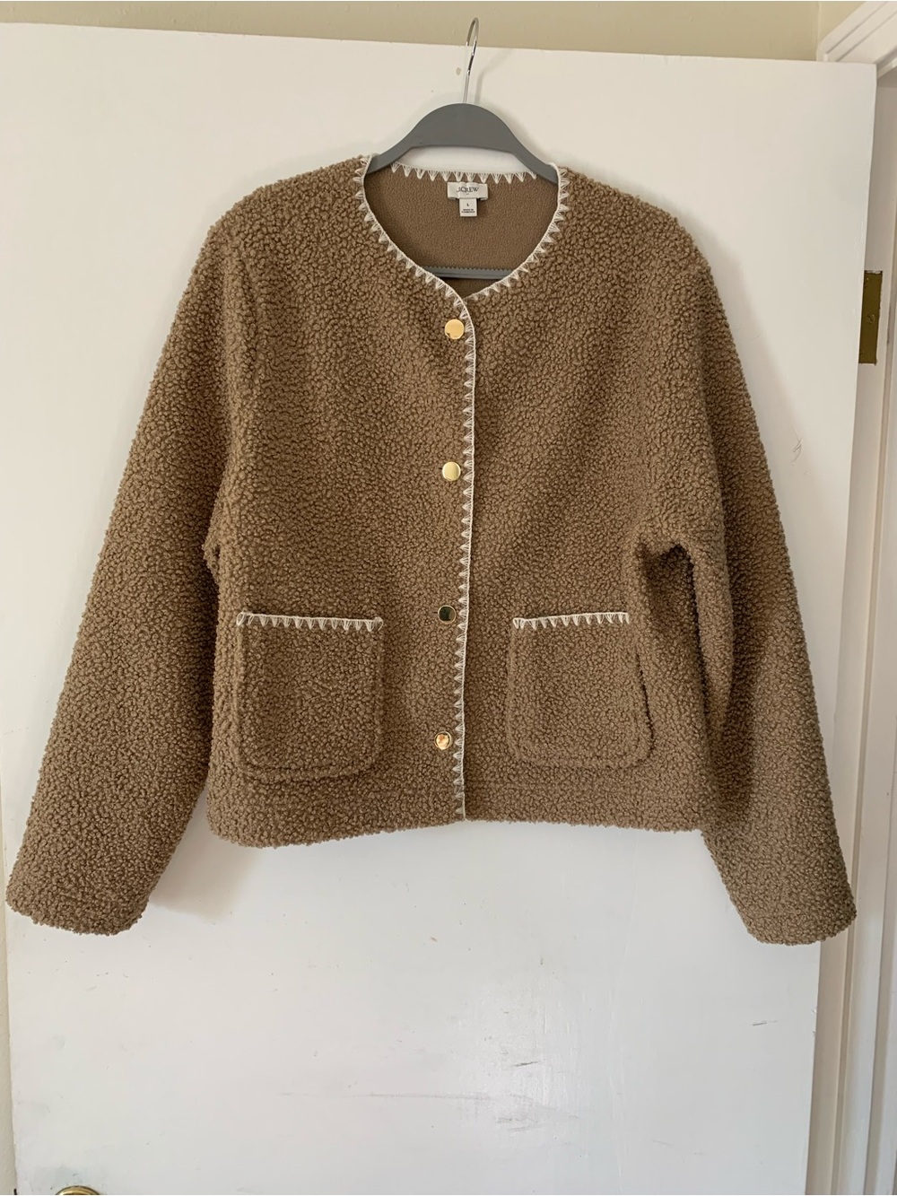 J. Crew Factory Camel Sherpa Blanket-Stitch Jacket with Contrast Trim, Sz Large